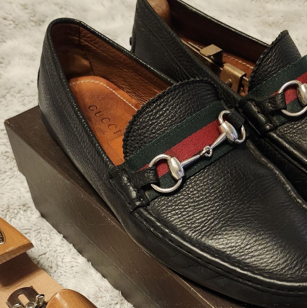 Gucci Black Leather Loafers with Signature Stripes